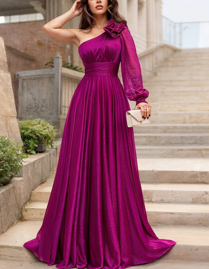 Rose Pink Shimmering Single Shoulder Flower Maxi Dress