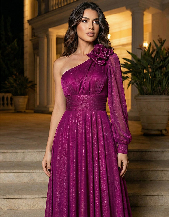 Rose Pink Shimmering Single Shoulder Flower Maxi Dress