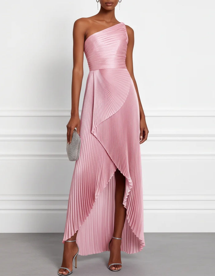 Solid Color Pleated One Shoulder Asymmetrical Design Maxi Dress