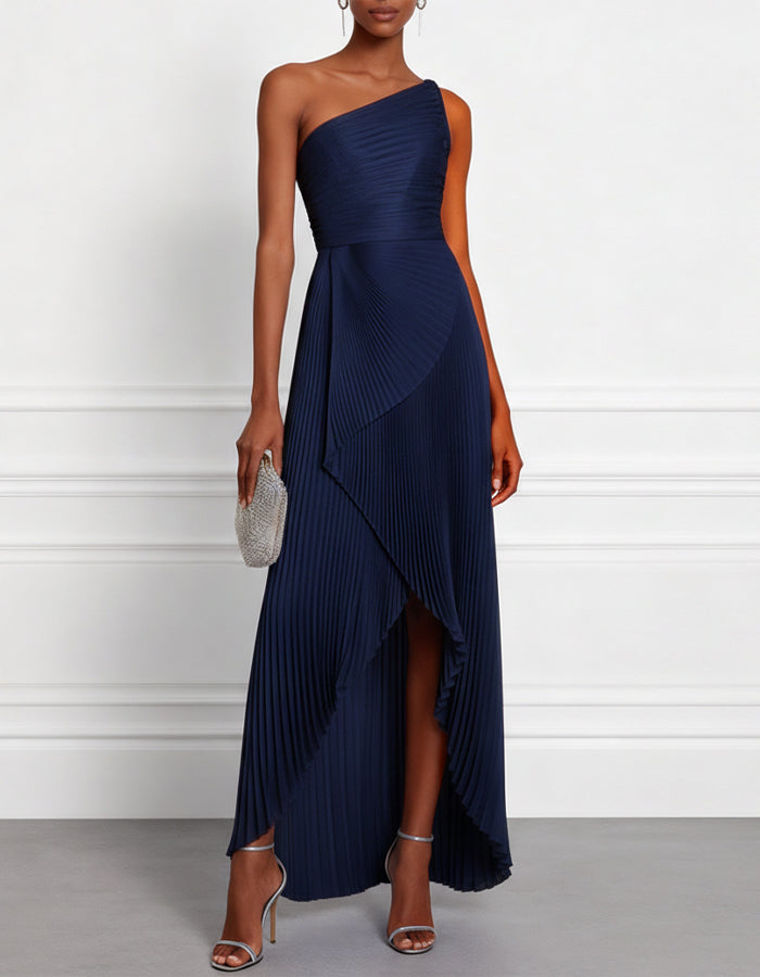 Solid Color Pleated One Shoulder Asymmetrical Design Maxi Dress