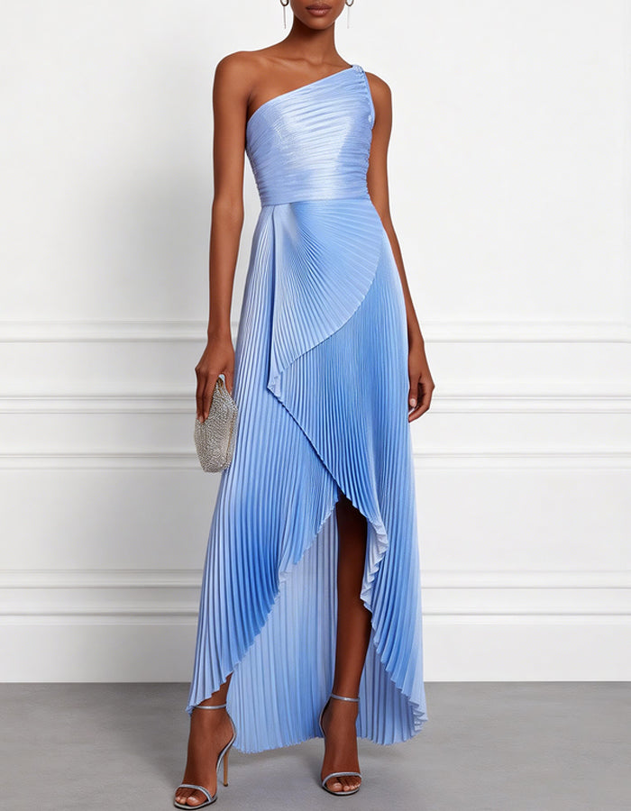 Solid Color Pleated One Shoulder Asymmetrical Design Maxi Dress