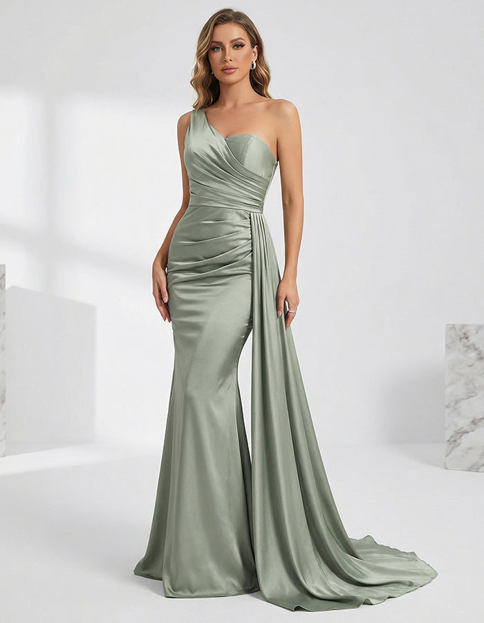 Sage Green Satin One-Shoulder Pleated Mermaid Maxi Dress