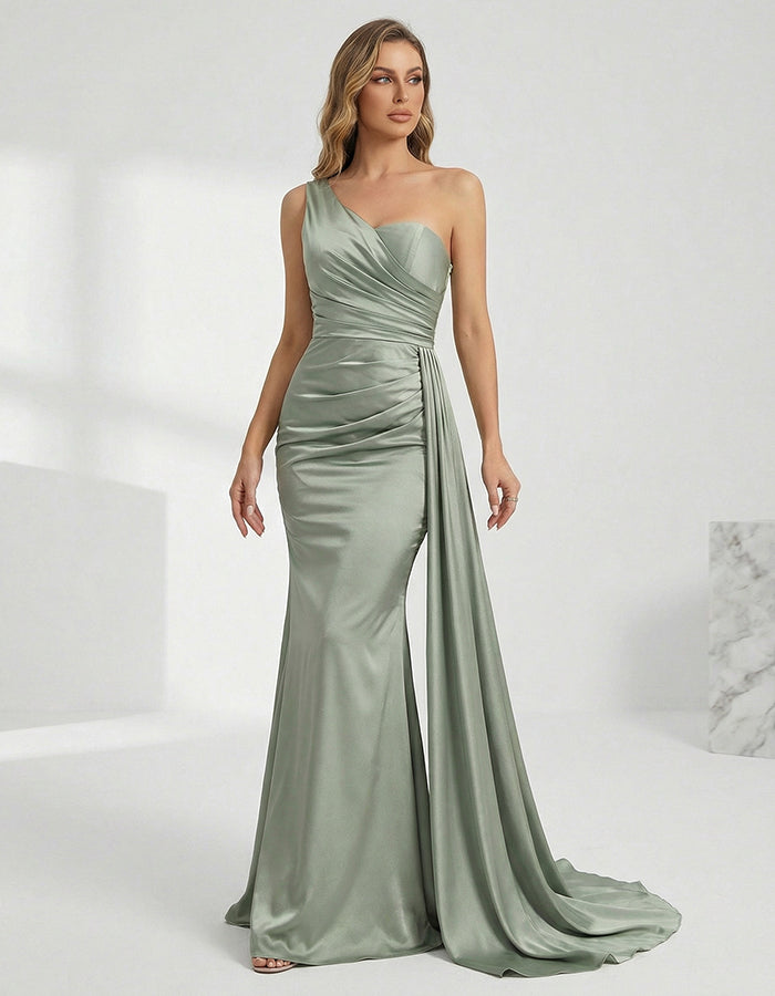Sage Green Satin One-Shoulder Pleated Mermaid Maxi Dress