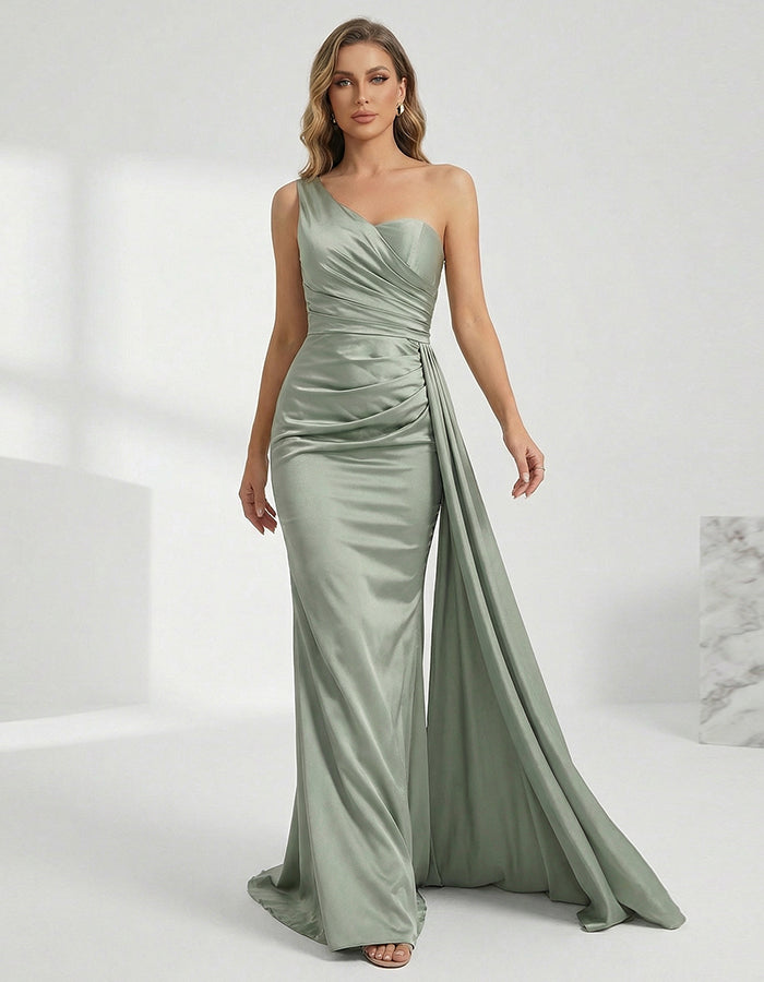 Sage Green Satin One-Shoulder Pleated Mermaid Maxi Dress
