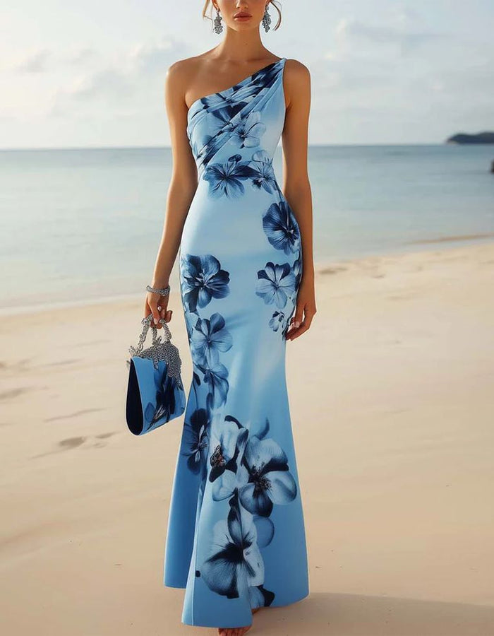 Blue Floral Print One Shoulder Fishtail Style Maxi Dress