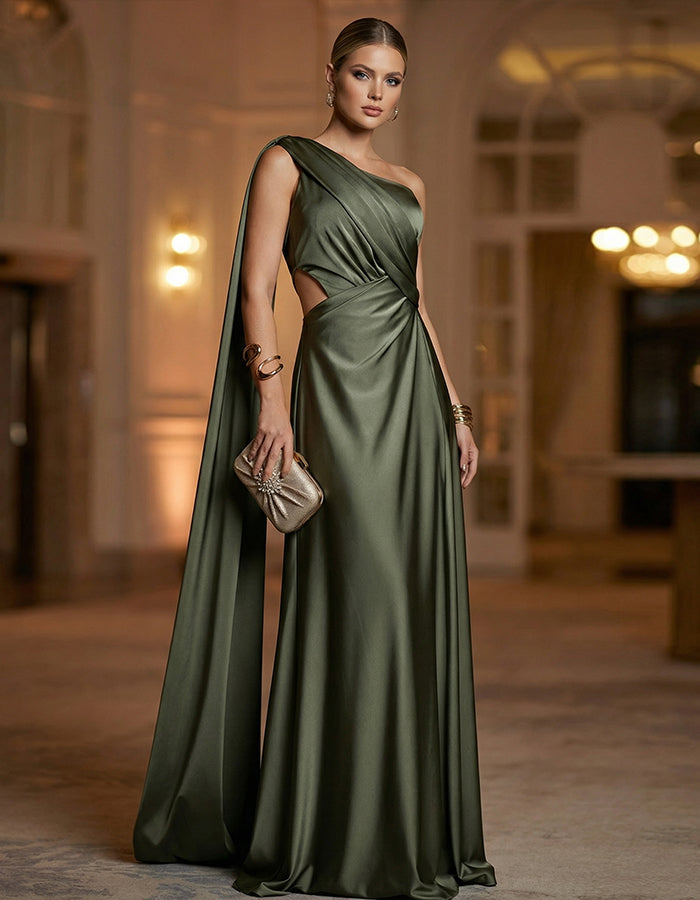 Robe longue vert olive en satin asymétrique avec découpes et ruban