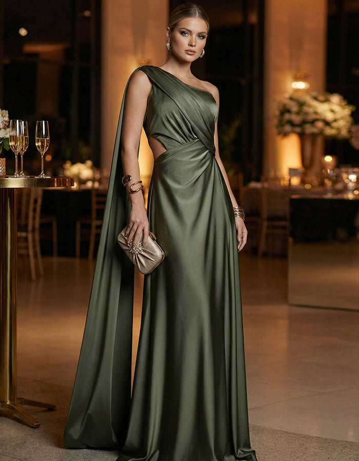 Robe longue vert olive en satin asymétrique avec découpes et ruban