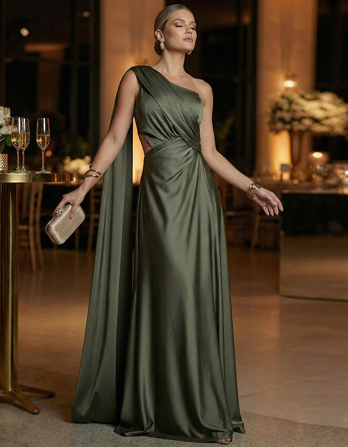 Robe longue vert olive en satin asymétrique avec découpes et ruban