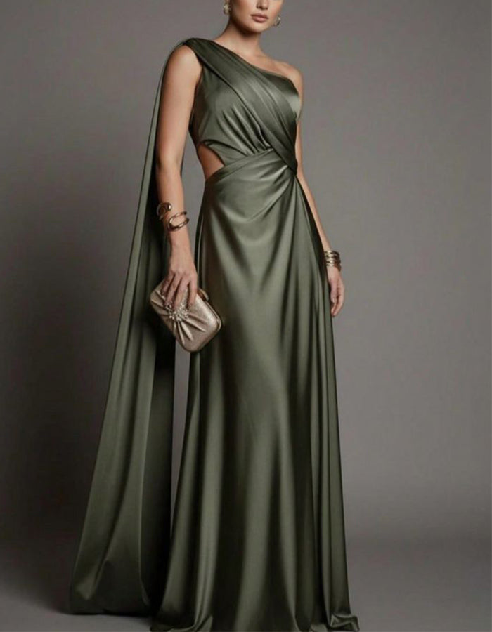 Olive Green Satin One Shoulder Ribbon Cutout Maxi Dress