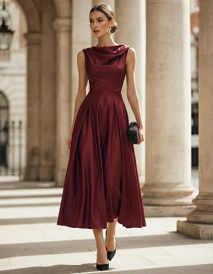 Vestido Midi Borgoña de Satén Mate con Cuello Halter