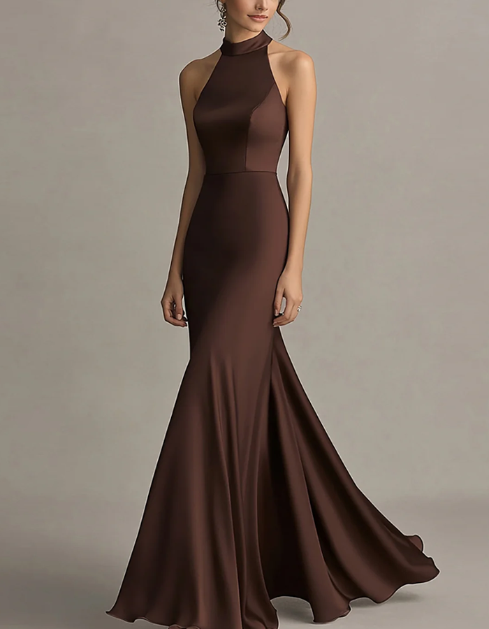 Vestido maxi de sirena clásico de satén con cuello halter