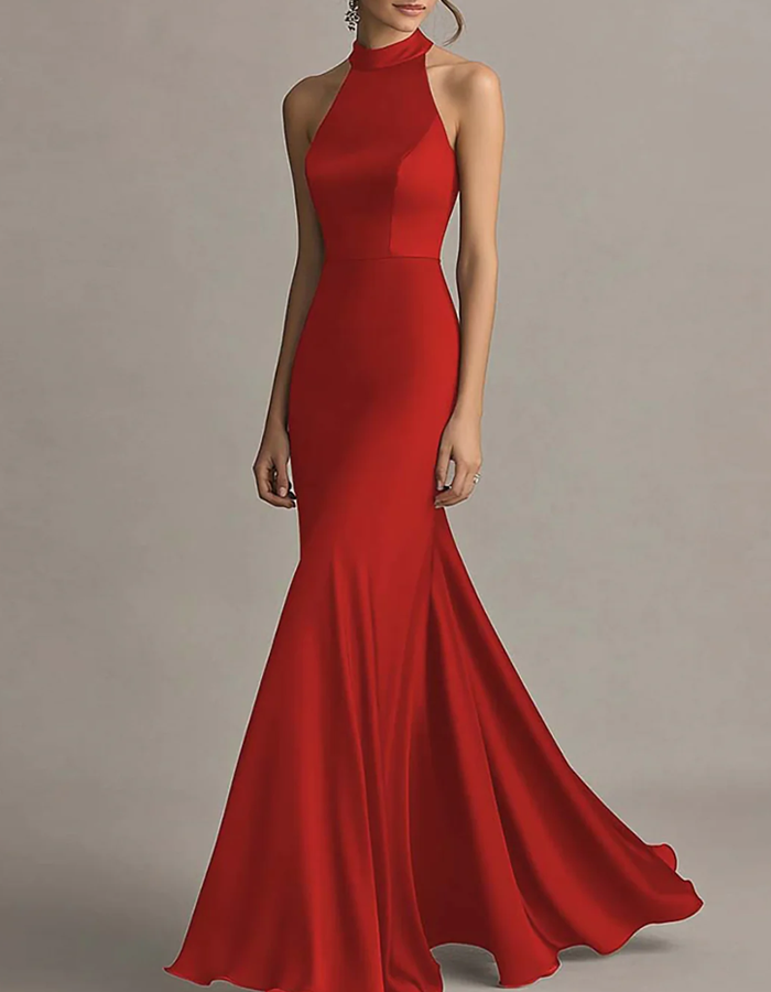 Vestido maxi de sirena clásico de satén con cuello halter