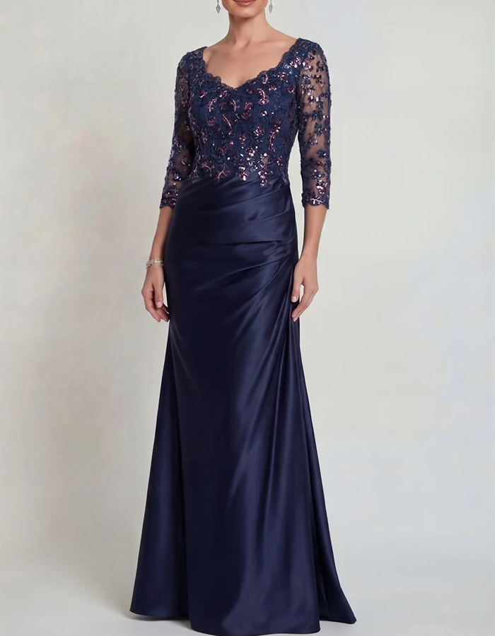Vestido maxi de sirena de satén con encaje y lentejuelas y cuello de pico