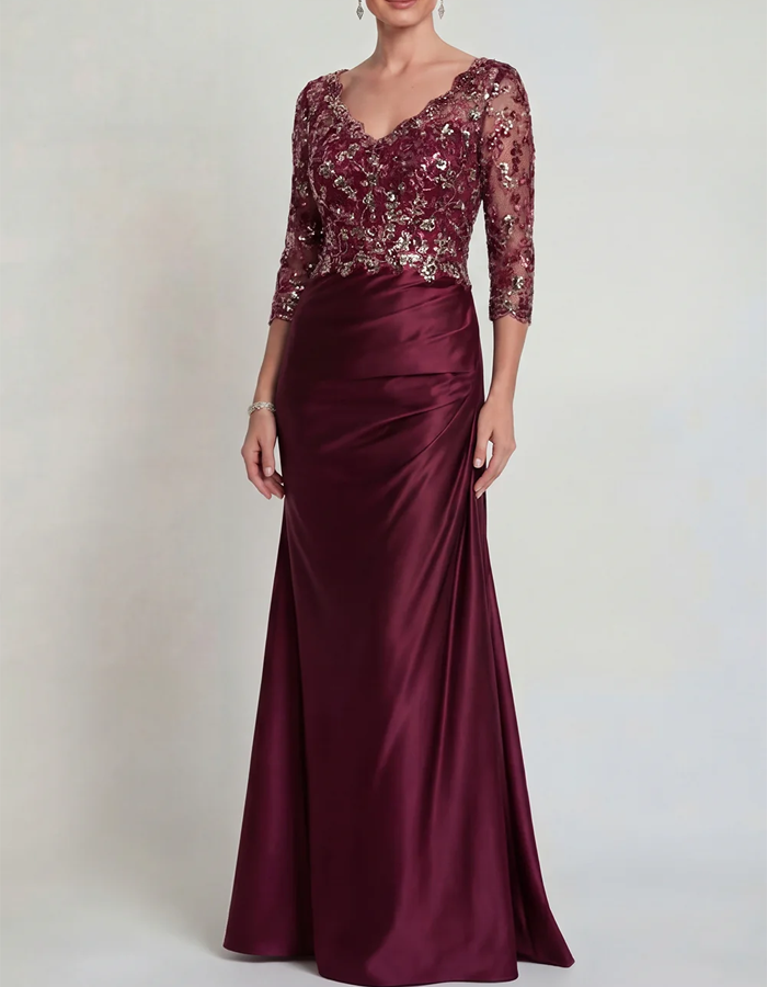 Vestido maxi de sirena de satén con encaje y lentejuelas y cuello de pico