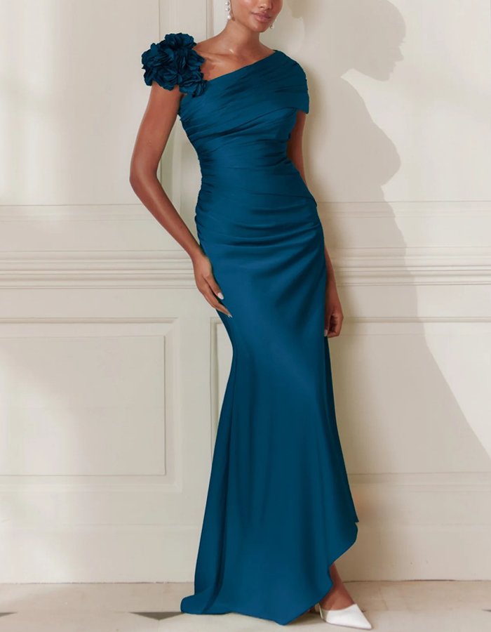 One-Shoulder Floral Satin Mermaid Maxi Dress