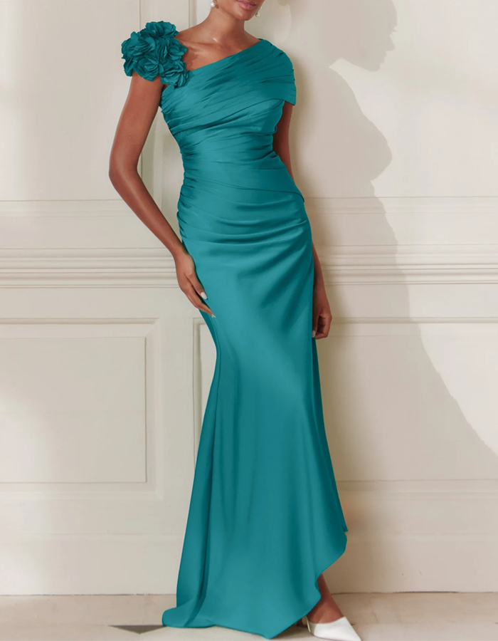 One-Shoulder Floral Satin Mermaid Maxi Dress