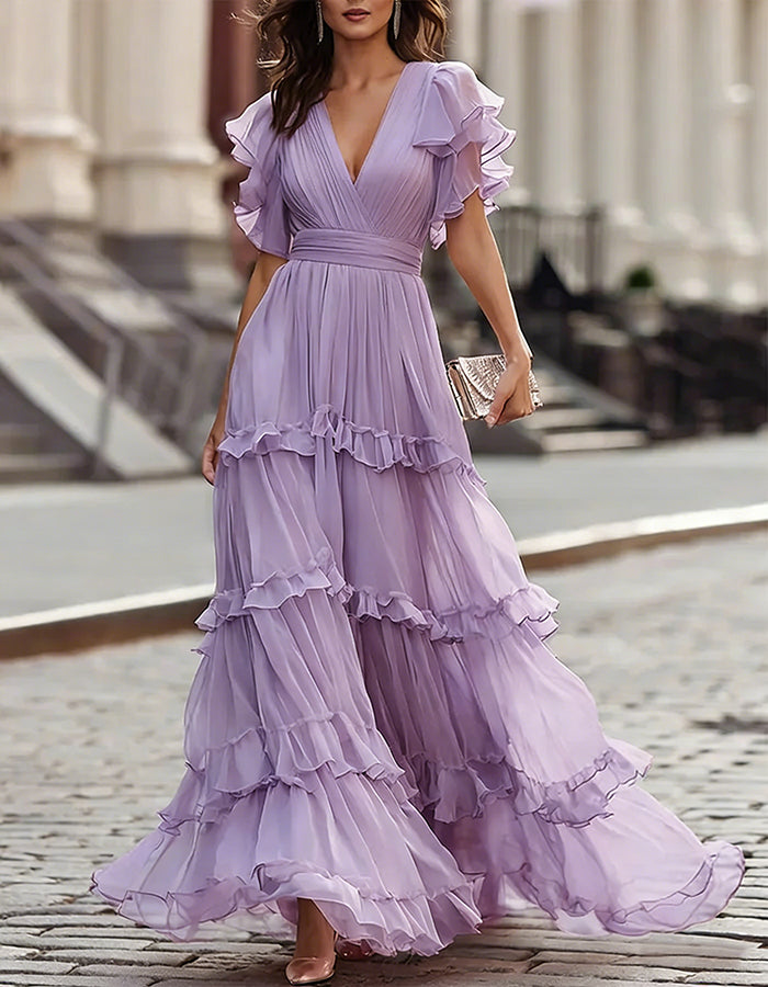 Pink Chiffon Ruffled Hem Maxi Dress