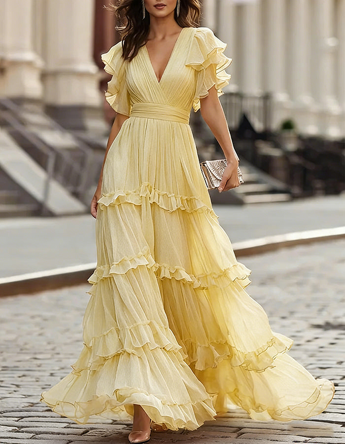 Pink Chiffon Ruffled Hem Maxi Dress