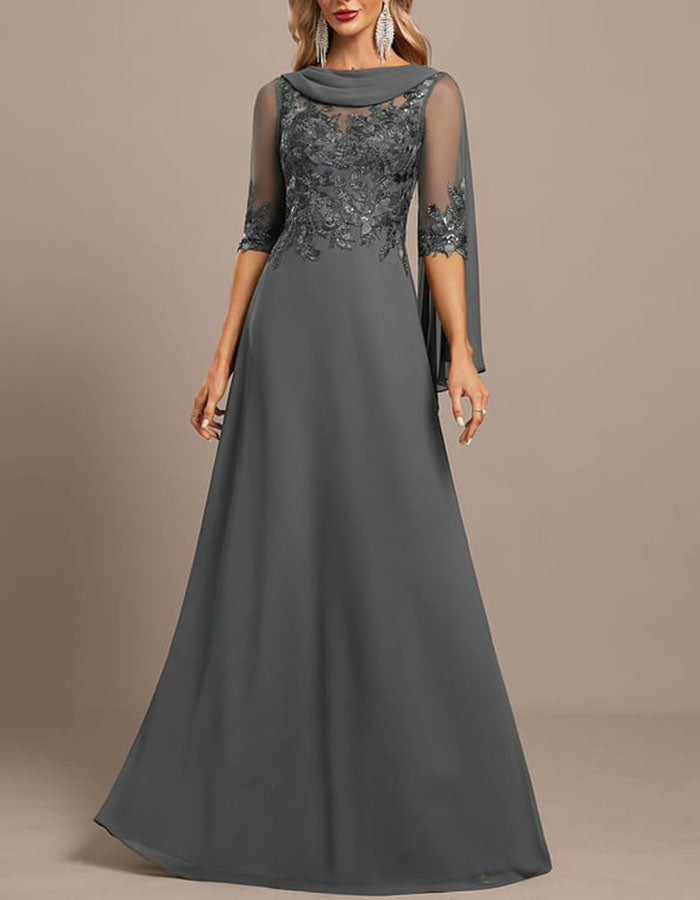 Grey Beaded Lace & Chiffon Maxi Maxi Dress