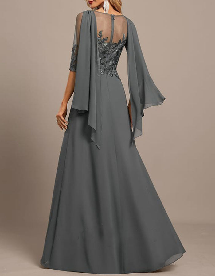 Grey Beaded Lace & Chiffon Maxi Maxi Dress