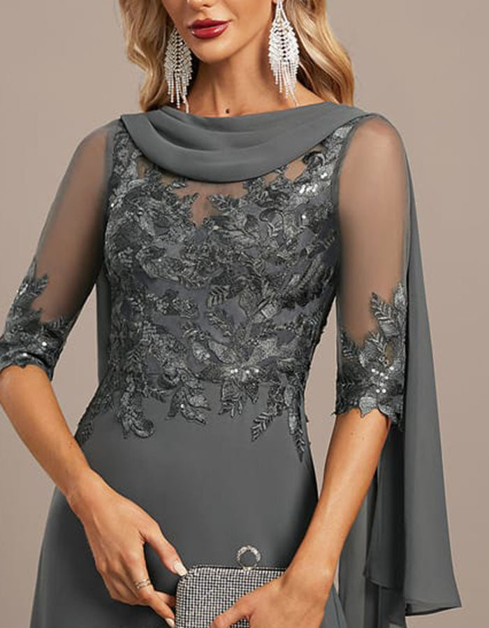 Grey Beaded Lace & Chiffon Maxi Maxi Dress