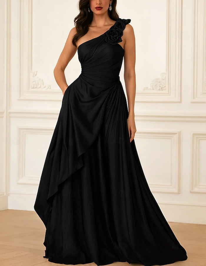 Solid Color Satin Off Shoulder 3D Floral Cinched Waist Full  Maxi Dress