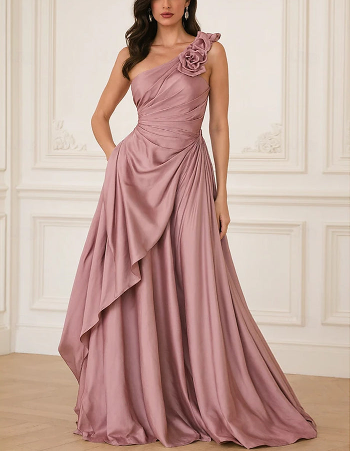 Solid Color Satin Off Shoulder 3D Floral Cinched Waist Full  Maxi Dress