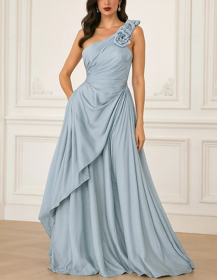 Solid Color Satin Off Shoulder 3D Floral Cinched Waist Full  Maxi Dress
