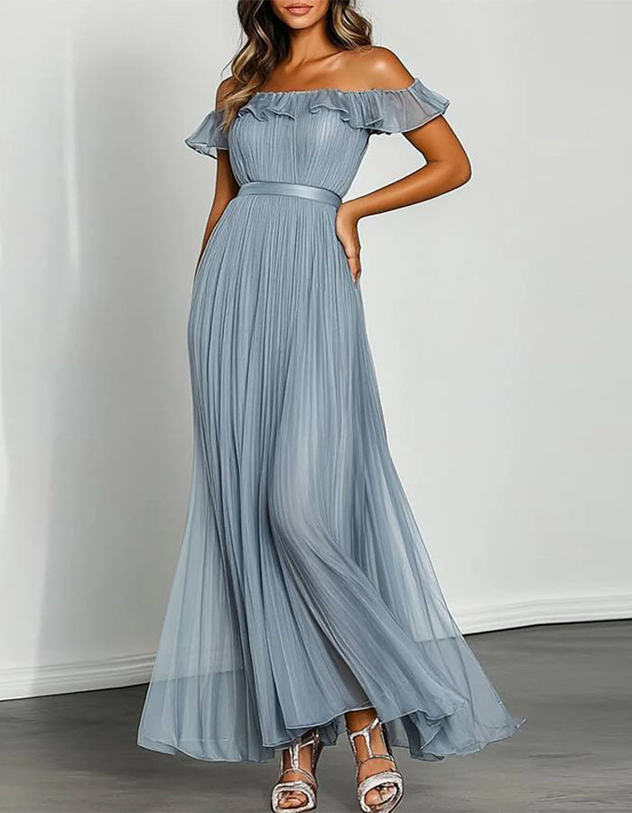 Blue Gray Off Shoulder Ruffled Pleated Chiffon Maxi Dress