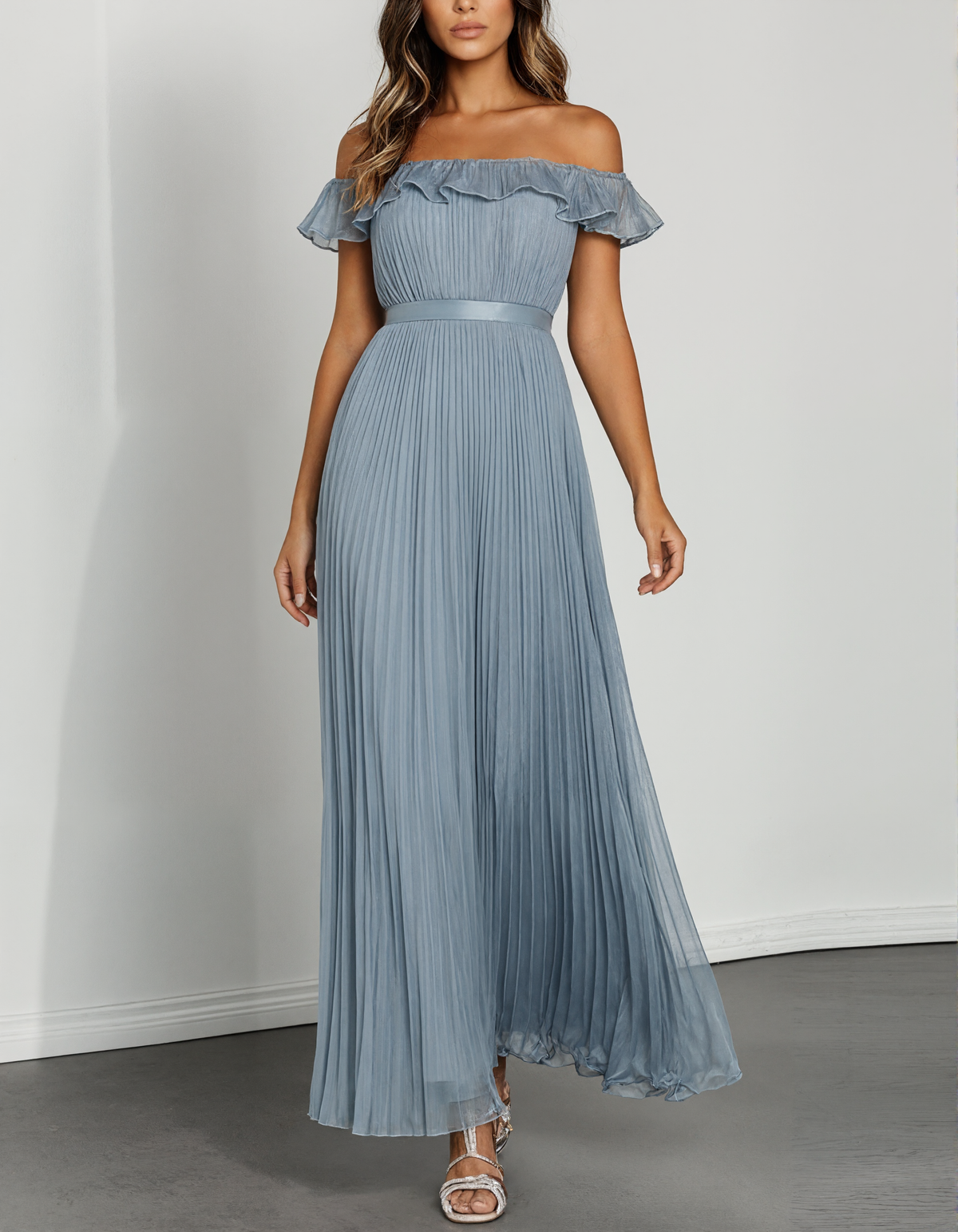 Blue Gray Off Shoulder Ruffled Pleated Chiffon Maxi Dress