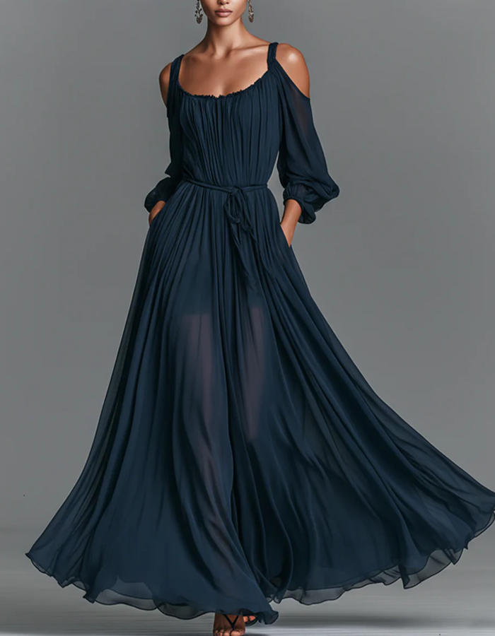 Navy Blue Off-Shoulder Pleated Chiffon Maxi Dress