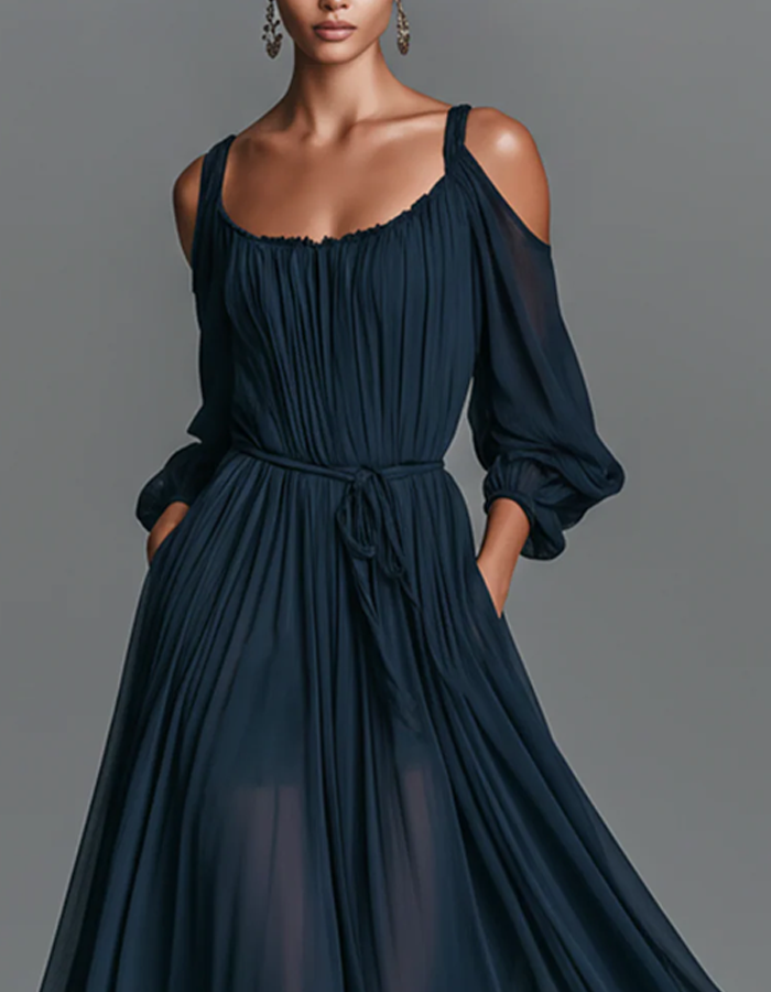 Navy Blue Off-Shoulder Pleated Chiffon Maxi Dress