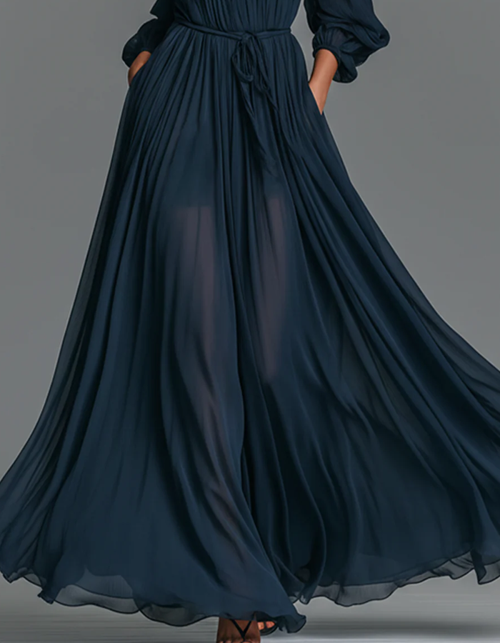 Navy Blue Off-Shoulder Pleated Chiffon Maxi Dress