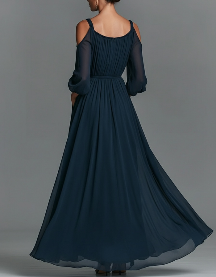 Navy Blue Off-Shoulder Pleated Chiffon Maxi Dress