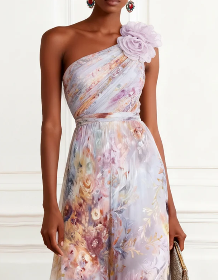 Pastel Watercolor Floral One-Shoulder Chiffon Maxi Dress