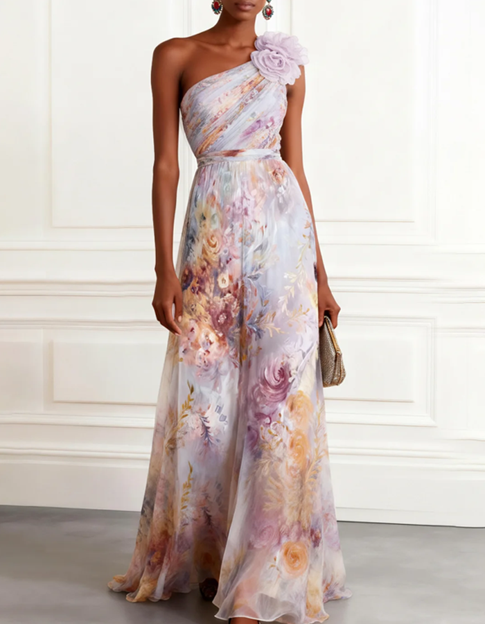 Pastel Watercolor Floral One-Shoulder Chiffon Maxi Dress
