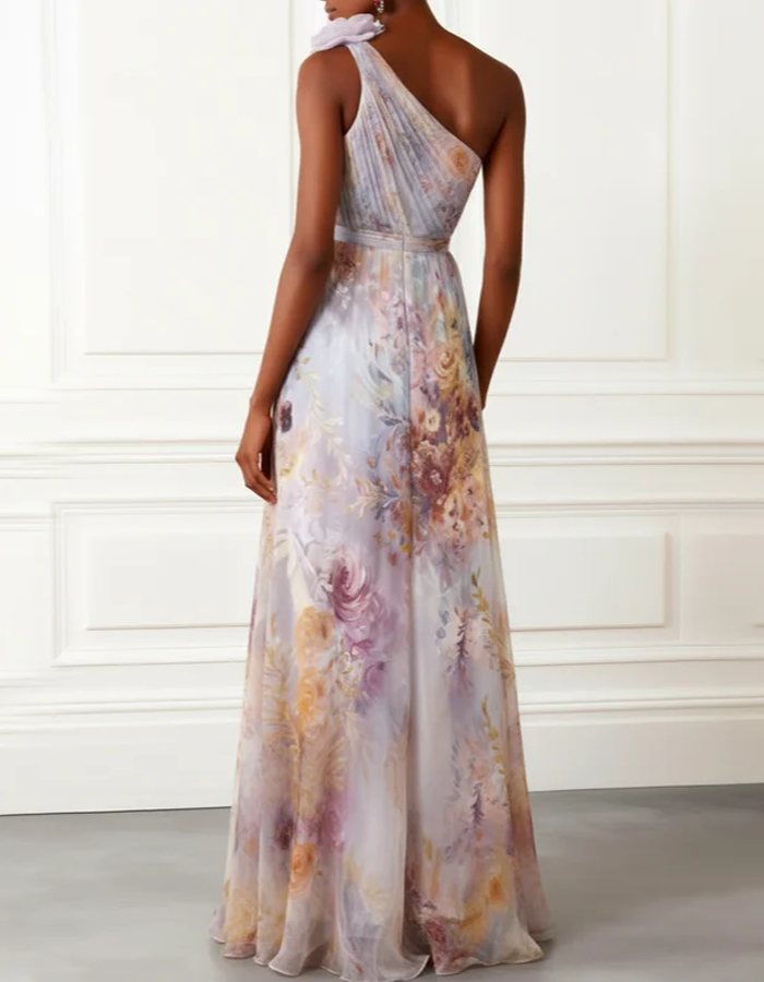 Pastel Watercolor Floral One-Shoulder Chiffon Maxi Dress