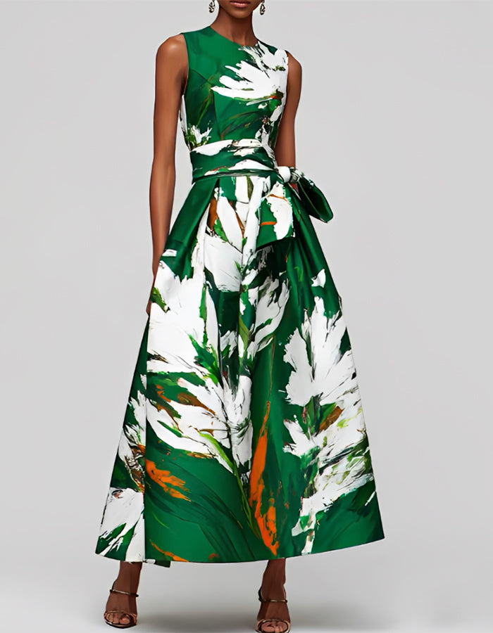 Dark Green Artistic Floral Print Sleeveless Fitted Waist Flared  Maxi Dress