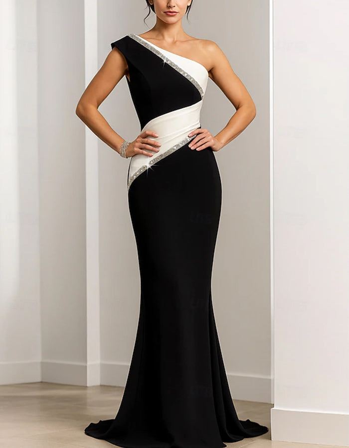 Black And White Color Blocking Off Shoulder Sequins Maxi Dress