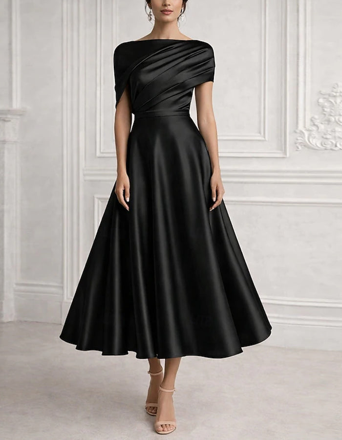 Solid Color Satin Fitted Waist Full Midi Dress