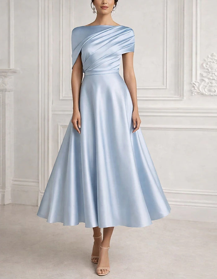 Solid Color Satin Fitted Waist Full Midi Dress
