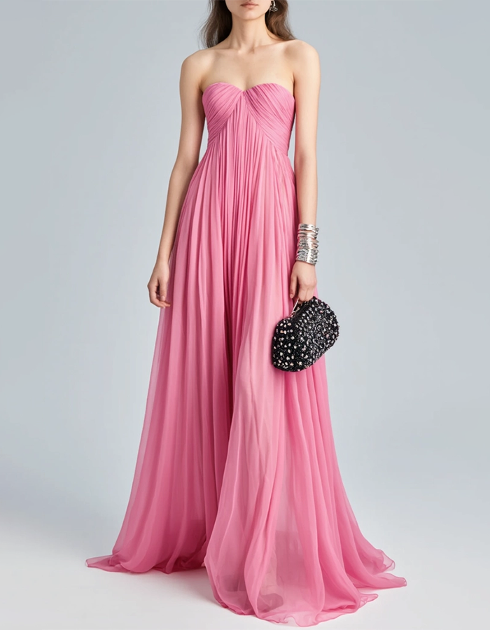 Strapless Pleated Chiffon Maxi Dress