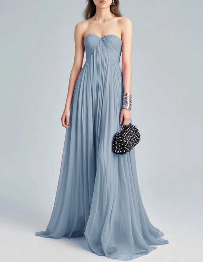 Strapless Pleated Chiffon Maxi Dress