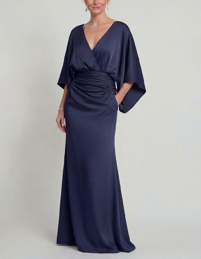 Navy Blue Satin V-Neck Batwing Sleeves Fitted Waist Fishtail Maxi Dress
