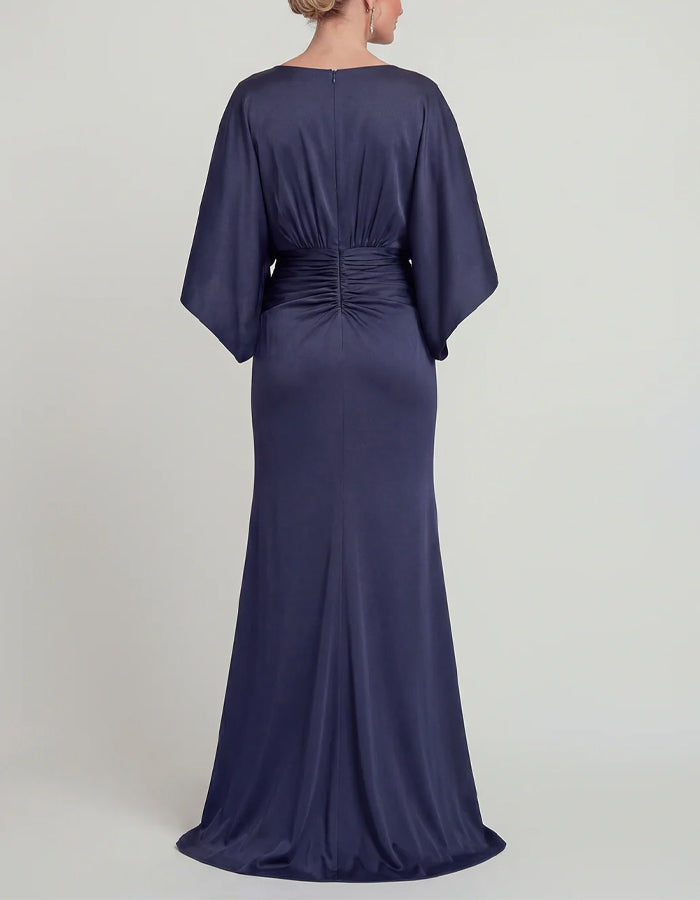 Navy Blue Satin V-Neck Batwing Sleeves Fitted Waist Fishtail Maxi Dress