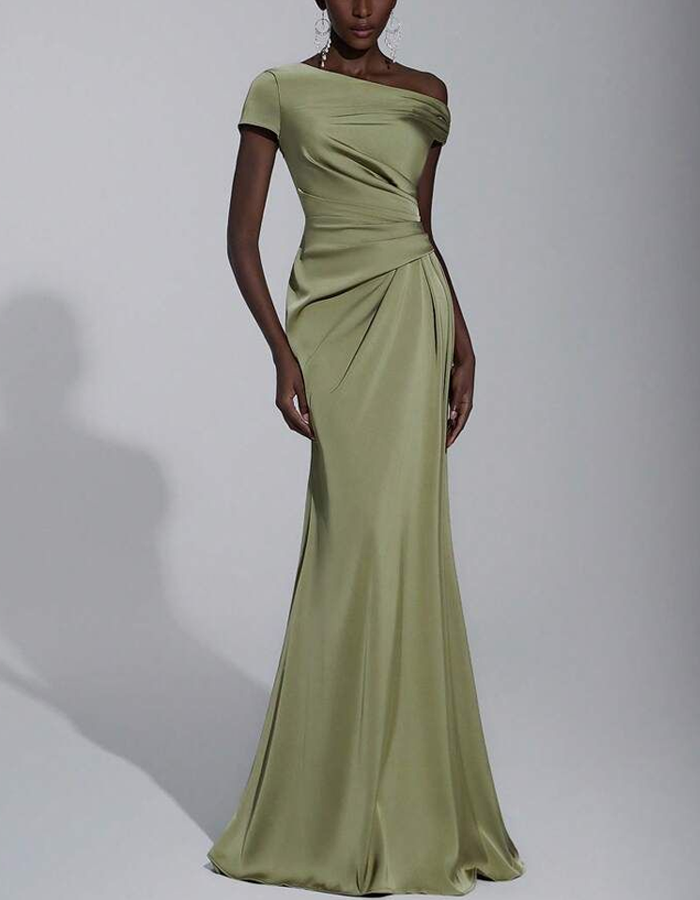 Vestido Maxi Sirena de Satén Drapeado Asimétrico