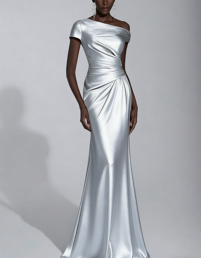 Vestido Maxi Sirena de Satén Drapeado Asimétrico