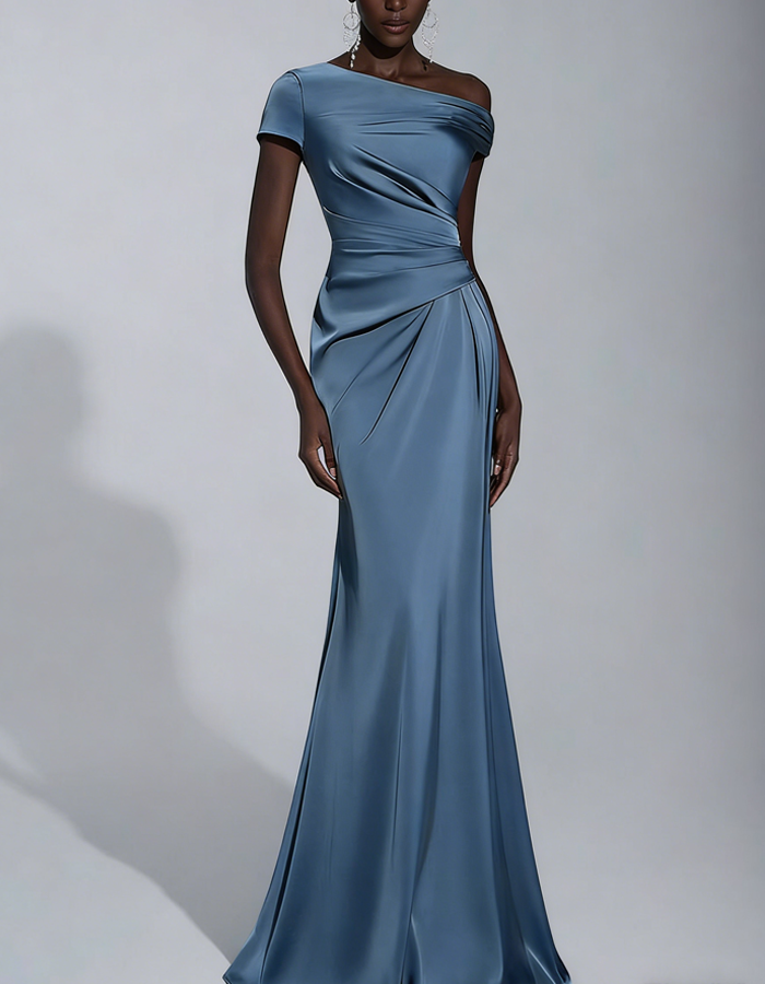 Vestido Maxi Sirena de Satén Drapeado Asimétrico