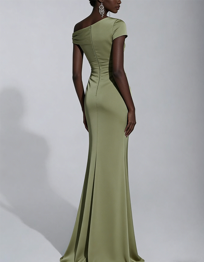 Asymmetrical Draped Satin Mermaid Maxi Dress