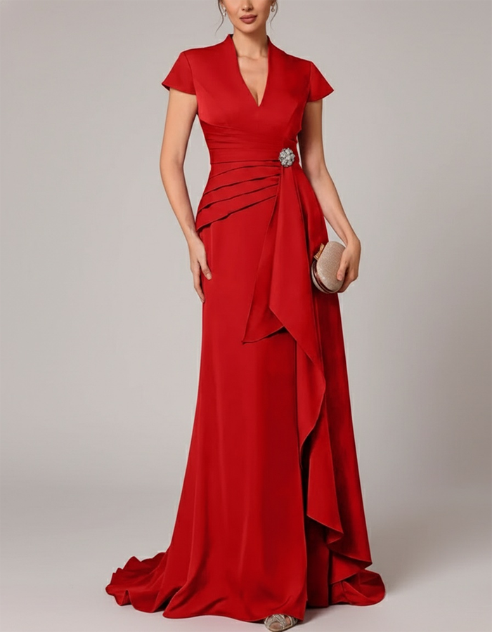 Vestido maxi de satén con cuello de pico y manga corta